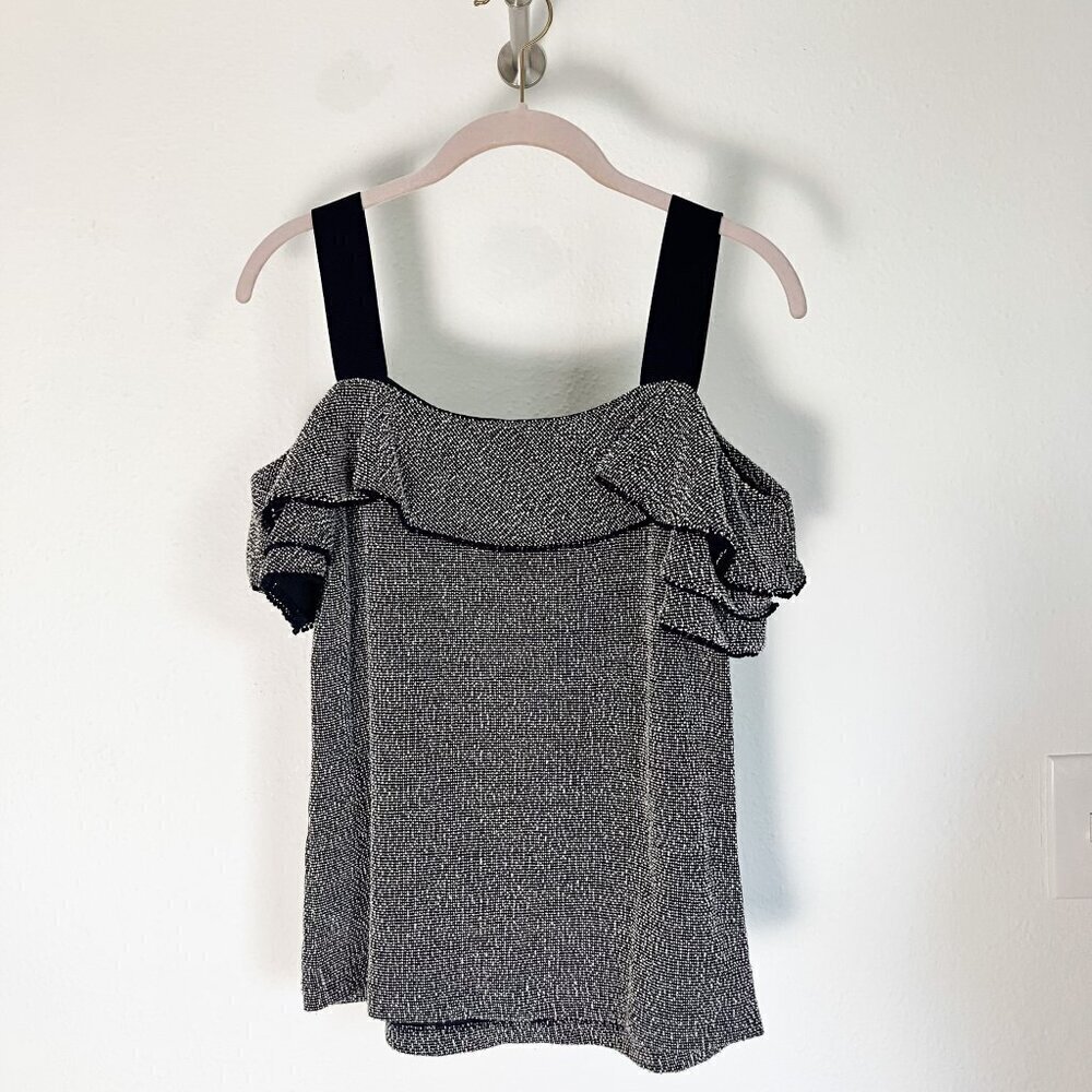 Banana Republic Black and White Cold Shoulder Ruffle Top Size Small